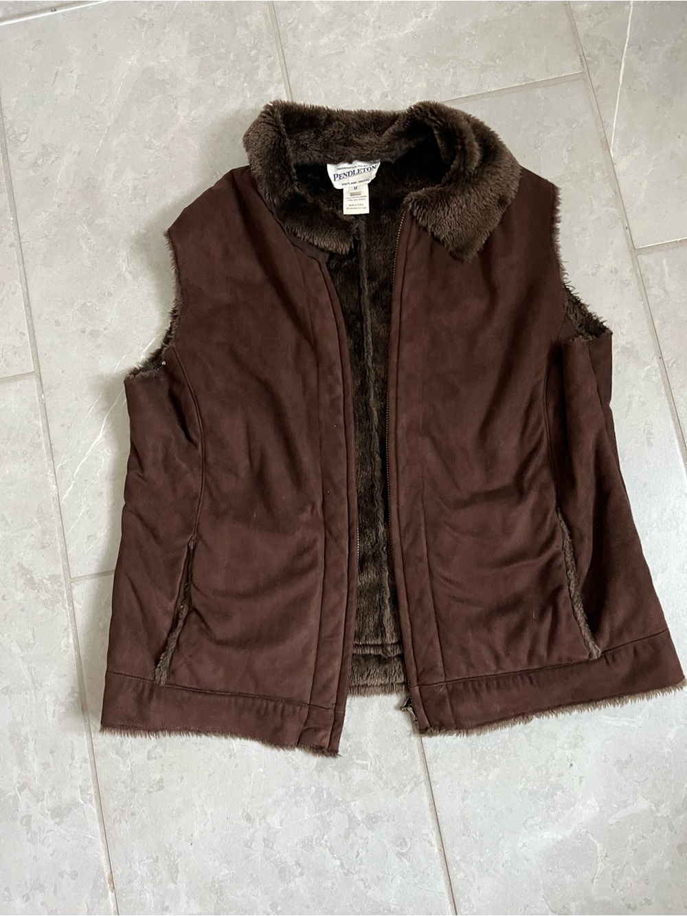 Pendleton Brown Faux-Suede Faux-Fur Lined Sleeveless Vest